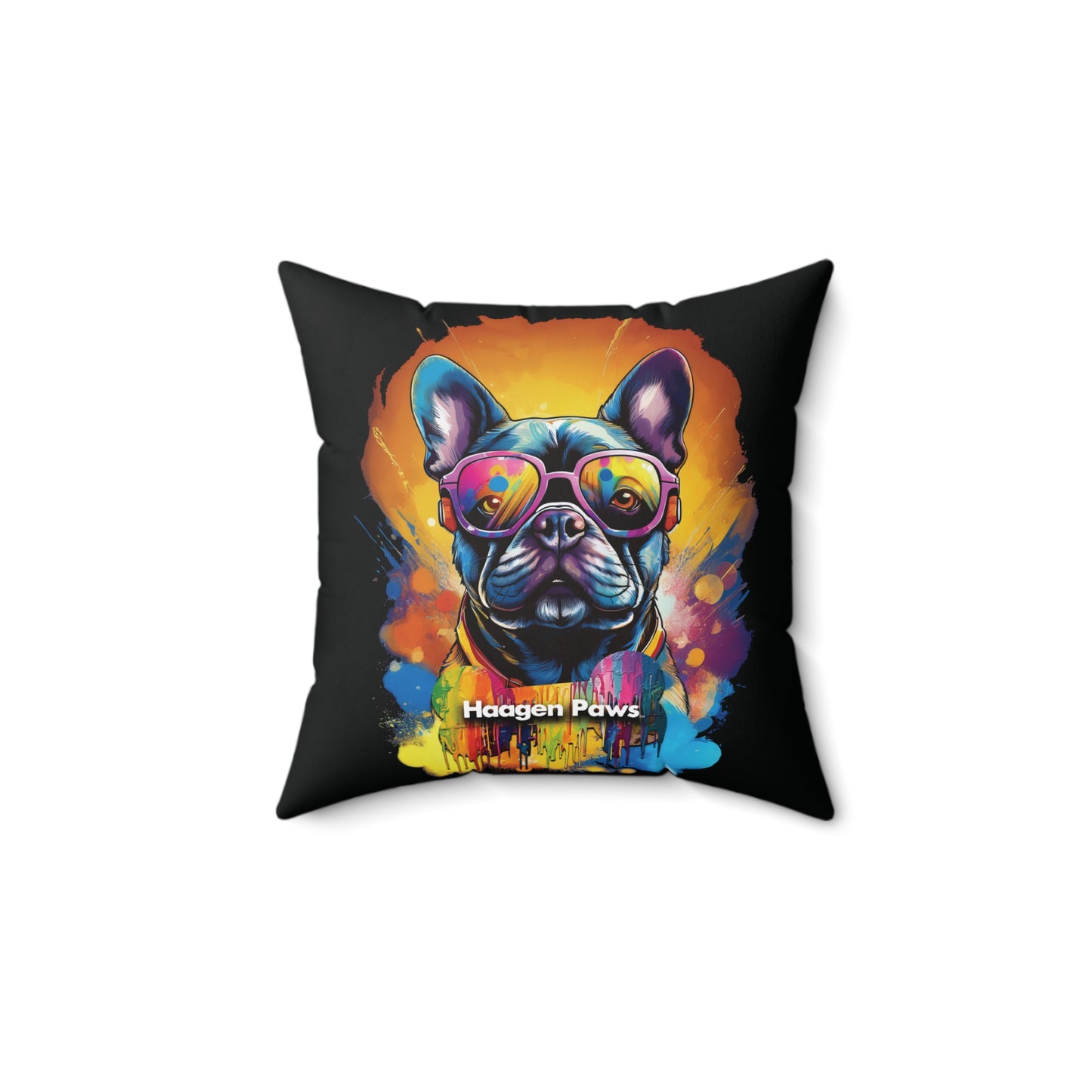 Frenchie Wearing Sunglasses Haagen-Paws Graffiti Spun Polyester Square Pillow