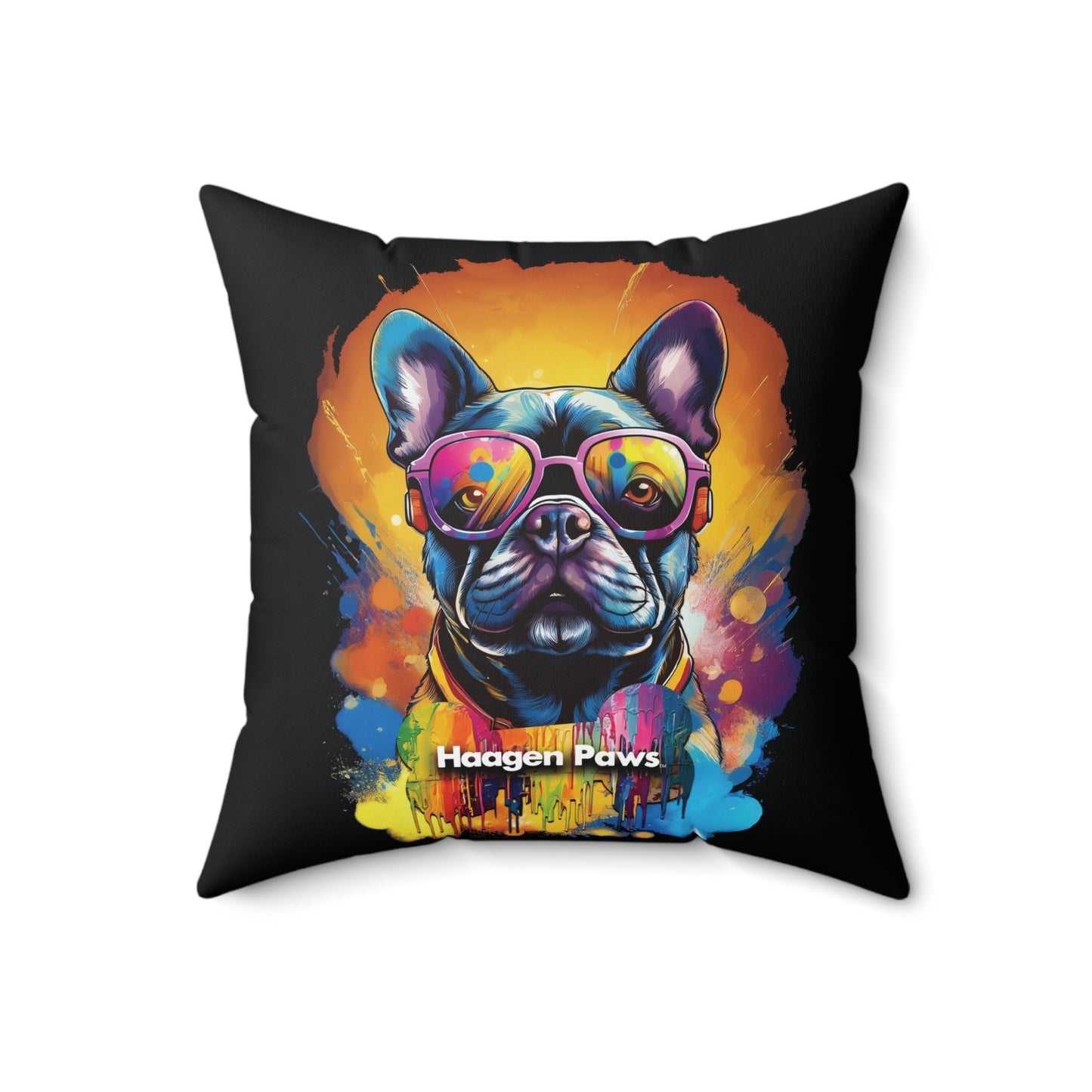 Frenchie Wearing Sunglasses Haagen-Paws Graffiti Spun Polyester Square Pillow