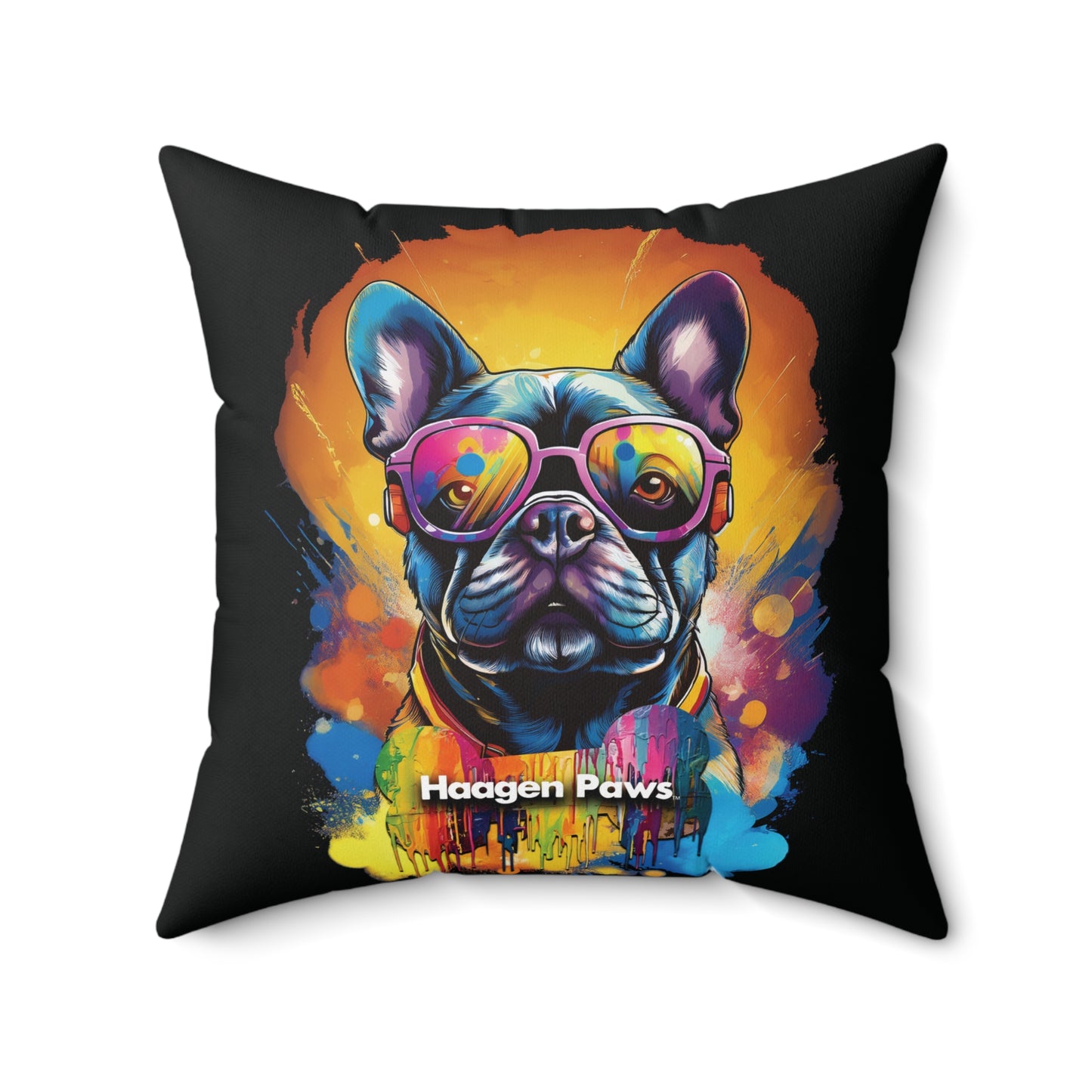 Frenchie Wearing Sunglasses Haagen-Paws Graffiti Spun Polyester Square Pillow