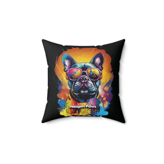 Frenchie Wearing Sunglasses Haagen-Paws Graffiti Spun Polyester Square Pillow